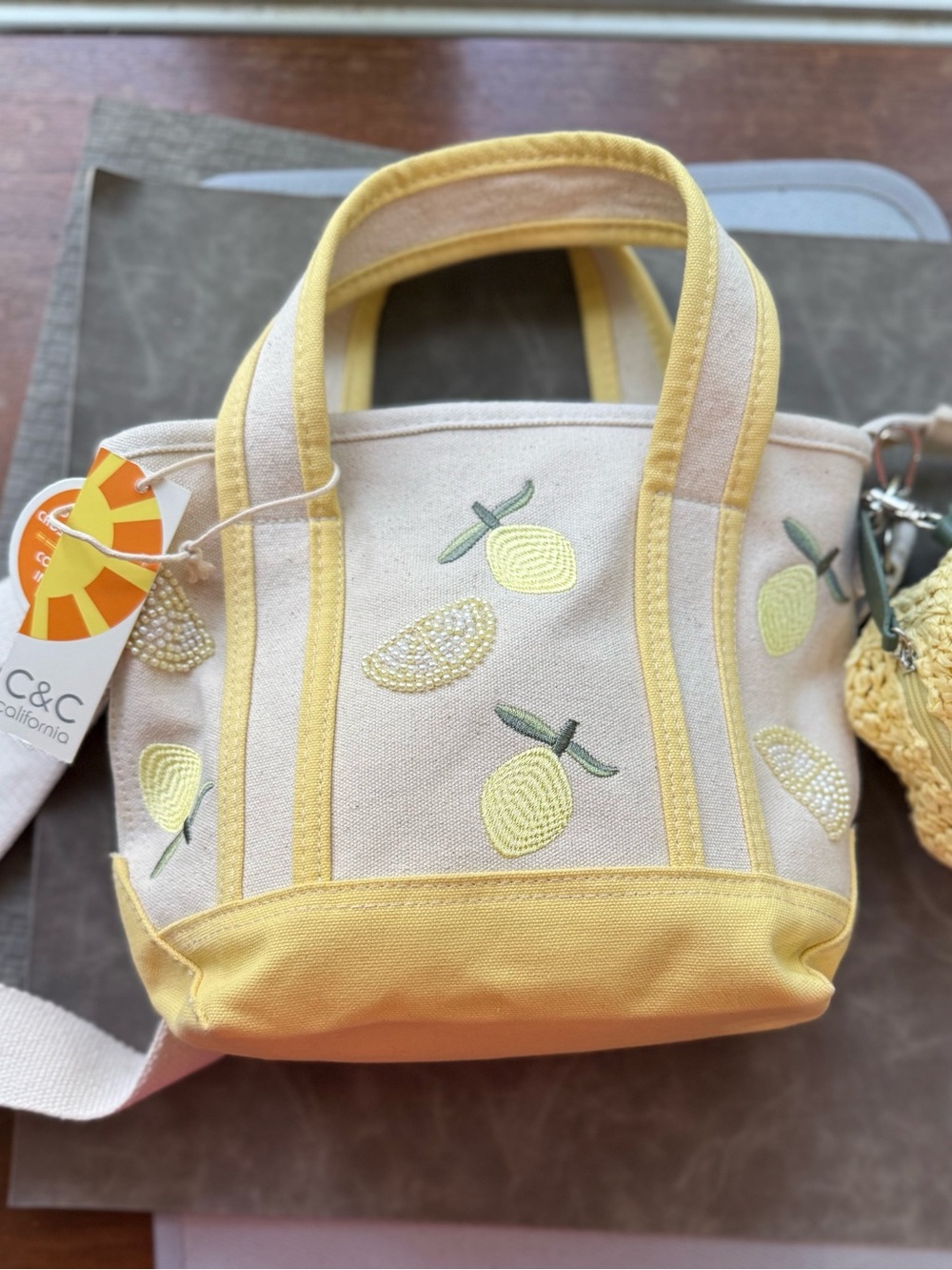C&C California Lemon Embroidered Beaded zip Canvas Mini Tote in Yellow cream